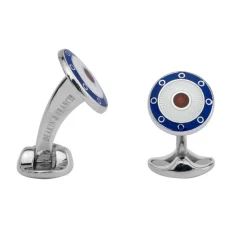 Sterling Silver Round Navy Blue, Clear & Red Enamel Cufflinks
