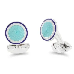 Sterling Silver Round Pale Blue Enamel Cufflinks With Navy Blue And Wh