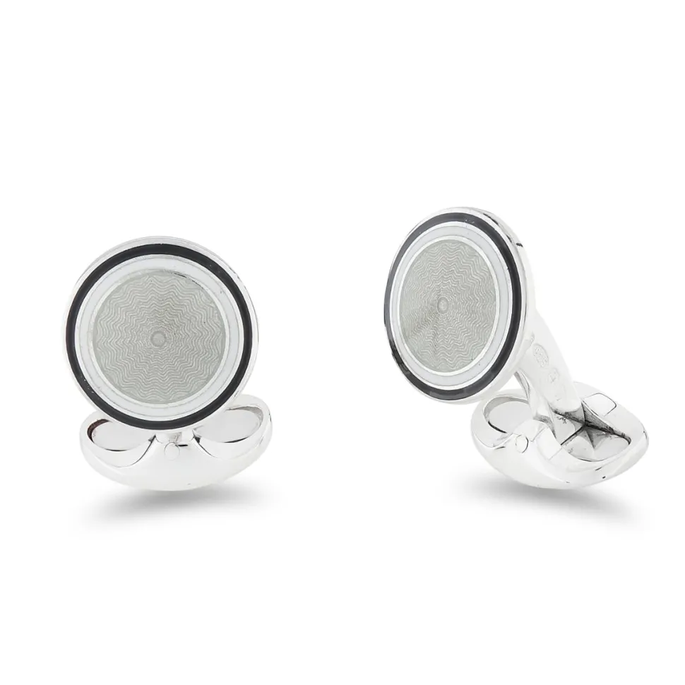 Sterling Silver Round Silver Grey Enamel Cufflinks With Black And Whit