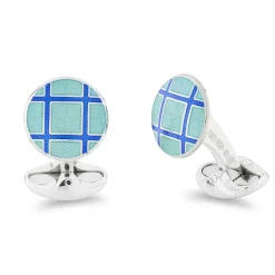 Sterling Silver Round Turquoise And Royal Blue Cross Hatch Enamel Cuff