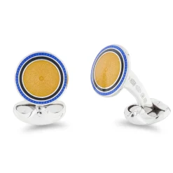 Sterling Silver Round Yellow Enamel Cufflinks With Royal Blue And Blac