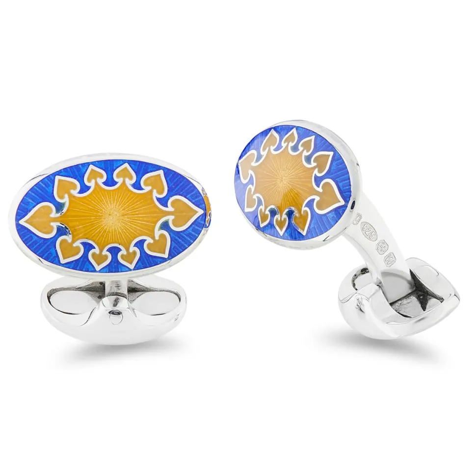 Sterling Silver Royal Blue And Yellow Fancy Design Enamel Cufflinks