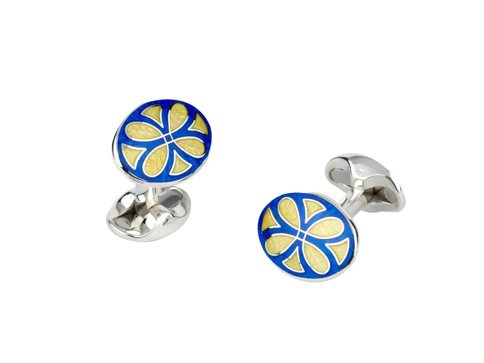 Sterling Silver Royal Blue & Bright Yellow Fancy Pattern Enamel Cuffli