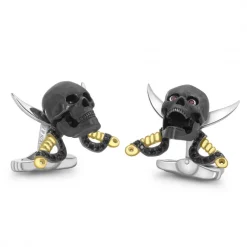 Sterling Silver Skull and Swords Cufflinks With Ruby Eyes