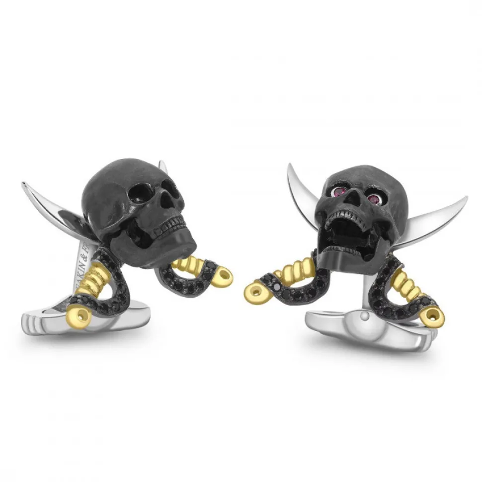 Sterling Silver Skull and Swords Cufflinks With Ruby Eyes