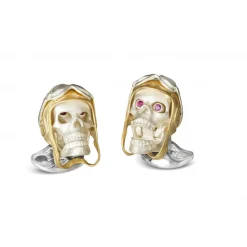 Sterling Silver Skull Cufflinks with Vintage Aviator Pilot Hat