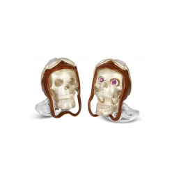 Sterling Silver Skull Cufflinks with Brown Vintage Aviator Pilot Hat