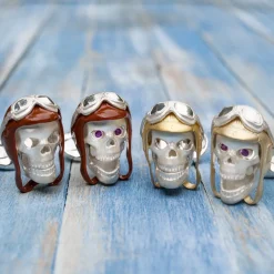 Sterling Silver Skull Cufflinks with Brown Vintage Aviator Pilot Hat