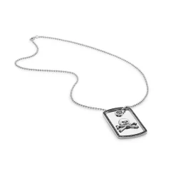 Sterling Silver Skull Tag Pendant With Black Spinel Border