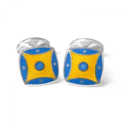 Sterling Silver Sky Blue & Bright Yellow Pattern Enamel Cufflinks