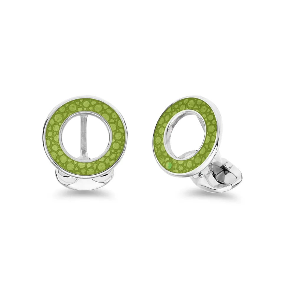 Sterling Silver Vitreous Enamel Shagreen Cufflinks - Lime Green