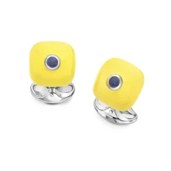 Sterling Silver Yellow Enamel Bouton Cufflinks With Sapphire Centre